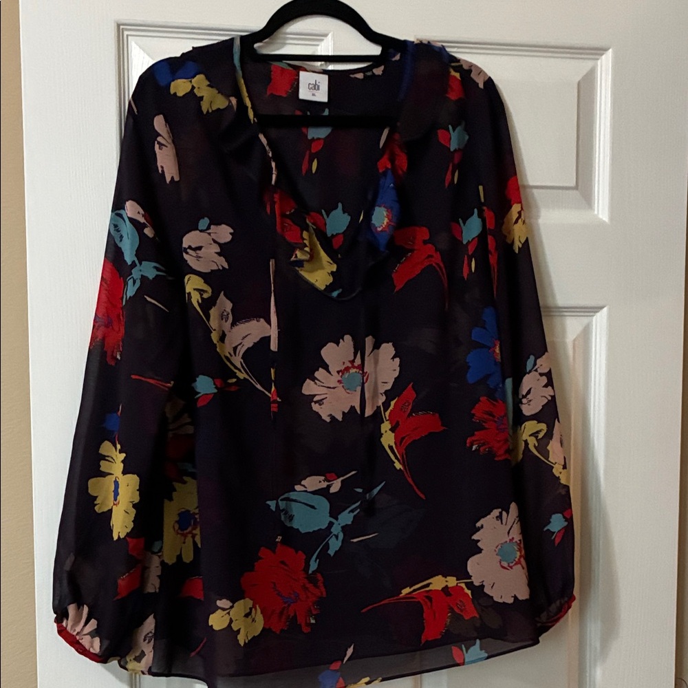 CAbi Black Blouse with Colorful Floral Print
